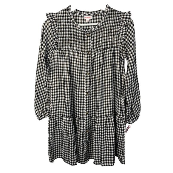 Cat and Jack Dress Girls Size Medium Kids Black Plaid Metallic Checkered Peasant - Picture 1 of 14